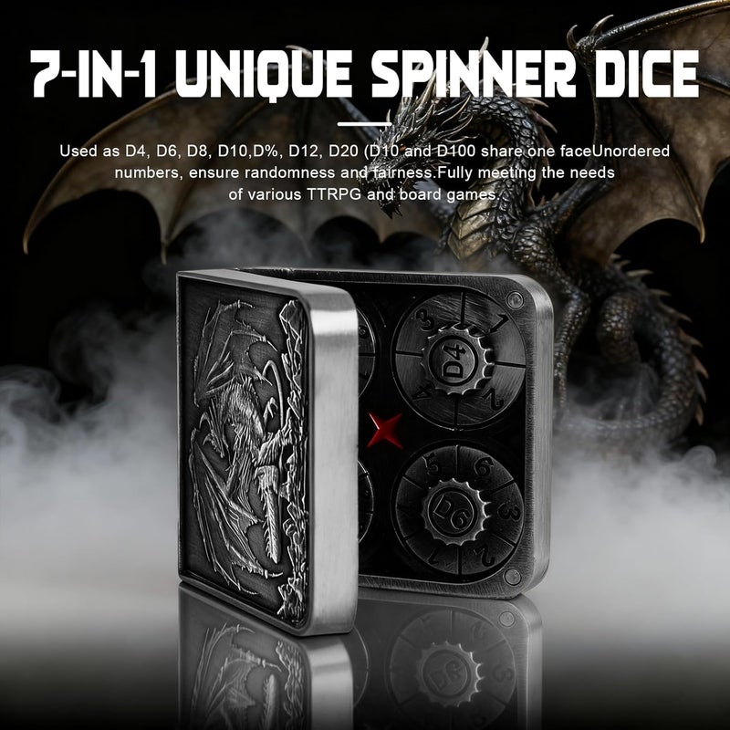 Luazuri Store 7-in-1 DND Pocket Spinner Dice Set, Foldable Flip Dice with Delicate Dragon Iron Box, Compact Dice Set for DND Role-Playing Games Fans (Silver) - Image 3